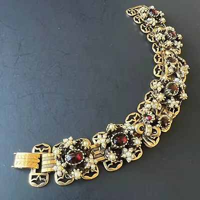Vintage Ruby Garnet Glass Seed Pearl Flower 1950s Gold Tone Bracelet A832 • $10.50