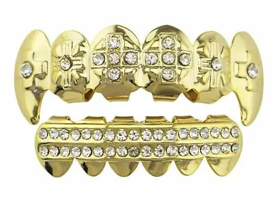 14K Gold Plated Lab Diamond Mouth Teeth Grills Grillz Set Cross Fangs W Mold Kit • $9.99