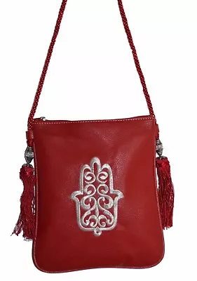 Moroccan Handbag Faux Leather Shoulder Bag Purse Embroidered Hamsa Med Red • $9.99