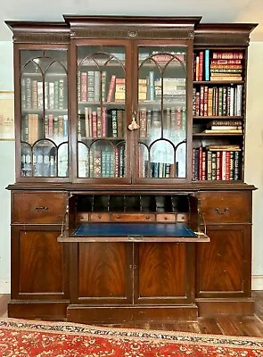 George III Style Mahogany Breakfront Bookcase With Fall Front Secretary Drawer. • $400