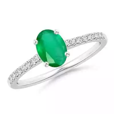 ANGARA 7x5MM Natural Oval Emerald Ring With Diamond For Women In 14K Gold • $638.10