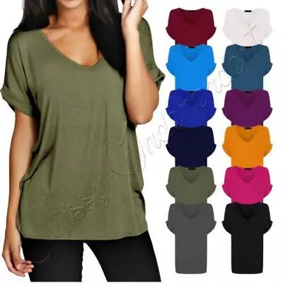 Women Baggy Oversized Loose Fit Turn Up Batwing Sleeve Ladies V Neck Top T Shirt • £8.99