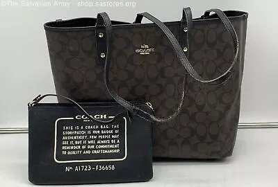 Coach Signature C Brown/Black Reversible Leather Tote W/ Storypatch Wristlet • $19.99