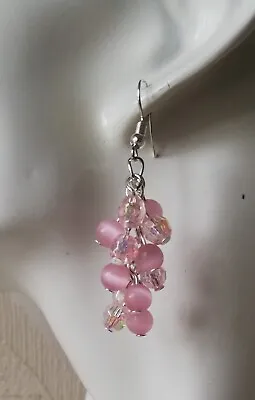 Drop / Dangle Earrings - Baby Pink Catseye & Crystal Clusters - Silver Plated • £4.99