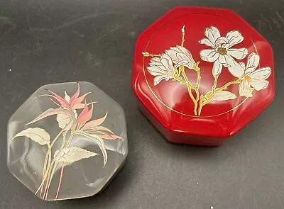 Pair 80’s Otagiri Magnolia Bird Of Paradise Flower Trinket Jewelry Boxes Octagon • $25