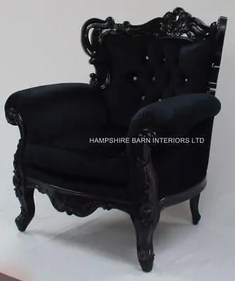 Large Black Rococo French Louis Style Huge Arm Chair Crystals Salon Shop Home  • £805.39