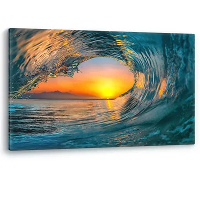 £17.95 • Buy Wave Tunnel In Ocean Sea Beach Sunset Canvas Wall Art Picture Print Large Sizes