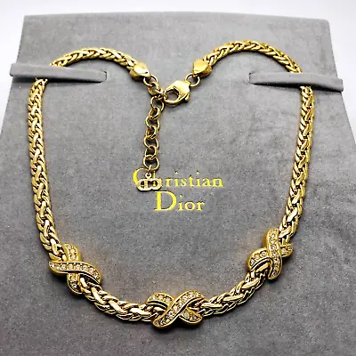 Vintage Signed Christian Dior Clear Crystal Gold Plated Necklace • £120