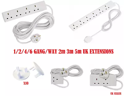 1 2 4 6 WAY/GANG - 2M 3M 5M EXTENSION LEAD CABLE EXTENSION SOCKET 10XSockets Cov • £9.99