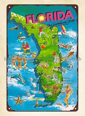 Pictorial Map Of Florida Metal Tin Sign Internal House Design • $18.95