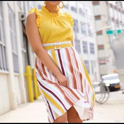 Eloquii Skirt Womens Plus Size 26 Multicolored Tropical Sunrise Stripes Belted • $23.73