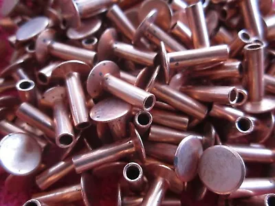 25 VINTAGE COPPER TONE 1/2  X 1/8  SEMI HOLLOW TUBULAR RIVETS 3/8  HEAD • $10