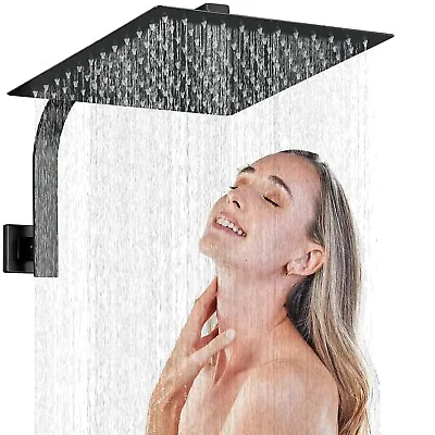 12  Black Square Stainless Steel Rainfall Shower Head With Shower Arm Wall Mount • $26.99