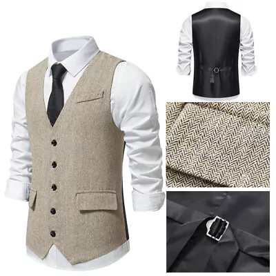 Mens Herringbone Waistcoat Vest Tops Vest Single Breasted Formal Wedding Suit • $31.50