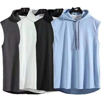 Men Sleeveless Hoodie Vest T-Shirt Tank Top Fitness Sports Gym Muscle Hooded UK • £6.66