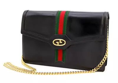 Gucci Vintage Bag Shoulder Bag Clutch Handbag Sherry GG Leather Black Authentic • $498.99