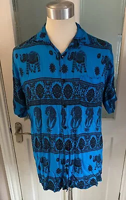 Blue Boho Hippie Button Down Shirt Men’s Size XL Top Elephant Pattern • £15.95