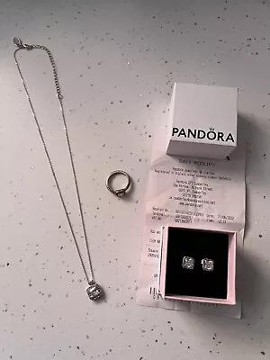 Pandora Square Sparkle Halo Stud Earrings New & Ring Used & Next Necklace • £4.20