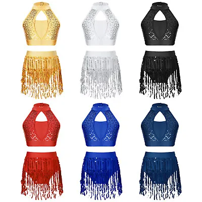 Girls Dance Outfits 2 Piece Sequined Crop Top With Fringe Shorts Modern Jazz Set • £4.59