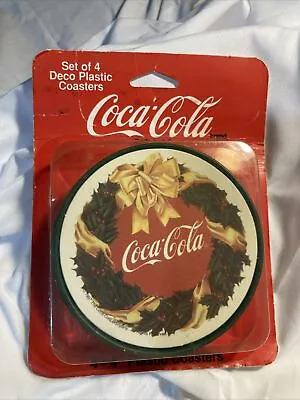 Vintage 1997 Coca Cola Deco Plastic Coasters With A Wreath 4 In. Set Of 4 MOC • $3