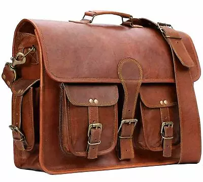 Men's 18  Goat Leather Messenger Real Satchel Bag Genuine Laptop Brown Briefcase • $70.49