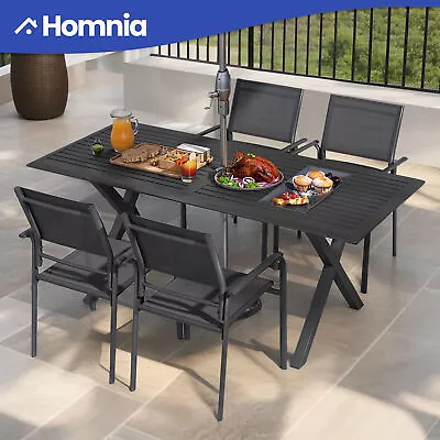 Aluminum Patio Dining 71  Black Table Outdoor Picnic Umbrella Hole 8 Person Seat • $208.88