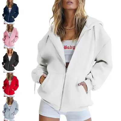 Women Long Sleeve Hoodie Sweatshirt Solid Ladies Hooded Sport Loose Zipper Top • £9.99