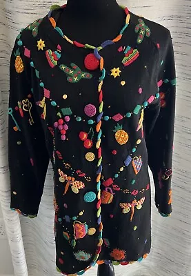 Michael Simon Sweater Vintage Black Cardigan Long Sleeve Beads Fruit Size 2 1994 • $50