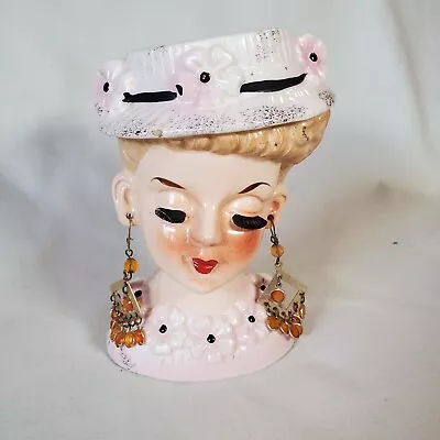 Vintage Ceramic Lady Head Vase With Unusual Dangle Earrings • $24.50