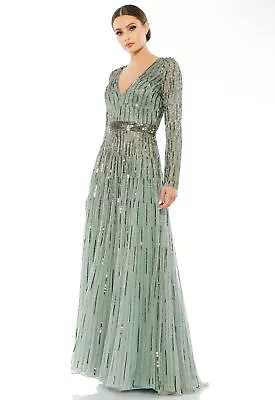 MAC DUGGAL 4977 Sage Green Sequin Long Sleeve Plunging V-Neck A-Line Gown 12 NWT • $230