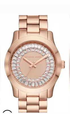 Michael Kors RUNWAYWomens BAGUETTE CHRYSTAL Rose Gold Watch • $167.54