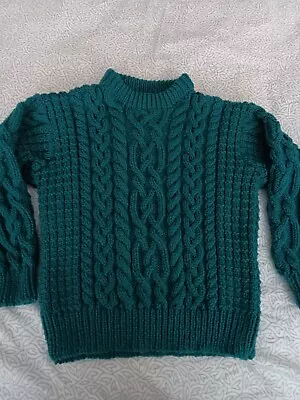 Boys Hand Knitted Crew Neck Sweater In Emerald Green To Fit 5-6yrs • £18