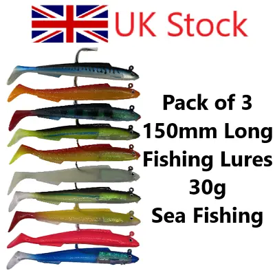 Fishing Lures Sand Eels Pack Of 3 150mm 30g Sea Fishing Bass Cod Ling Pollock • £5.99