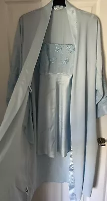 Vintage Matching M&S Negligee Nightie 14 Silky Satin Feel Robe  12/14 Pale Blue • £22