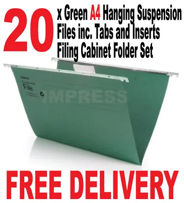 £13.99 • Buy 20x A4 Green Hanging Suspension Files Inc Tabs Inserts Folders Filing Cabinet   
