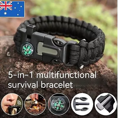Survival Bracelet Compass Fire Camping Whistle Hiking Knife Paracord Bracelet AU • $7.99