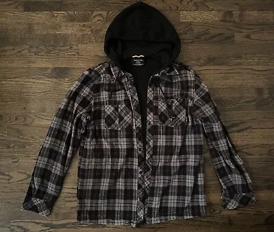 Empyre Mens Flannel Hoodie Shirt Jacket Size XL Gray Black Plaid Button Up EUC • $17.95