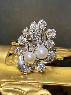 Vintage Platinum 14K Old European Mine Diamond Pearl Spray Floral Ring Sz 6.25 • $1215