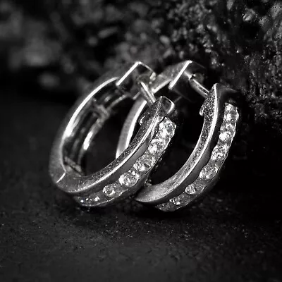 White Gold Men's Small 925 Sterling Silver Iced One Row Cz Huggie Hoop Earrings • $24.99