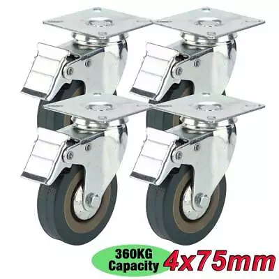 £9.49 • Buy 4PCS Heavy Duty 75mm Rubber Swivel Castor Wheels Trolley Caster Brake 360KG UK