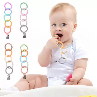 Rainbow Teether Ring Link Silicone Baby Kid Infant Stroller-Toy W/ Pacifier Clip • £4.29