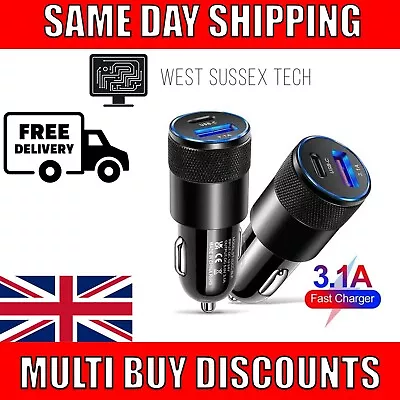 USB + USB C Car Charger 2 Dual Port Fast Charge Adapter Cigarette Lighter Socket • £5.99