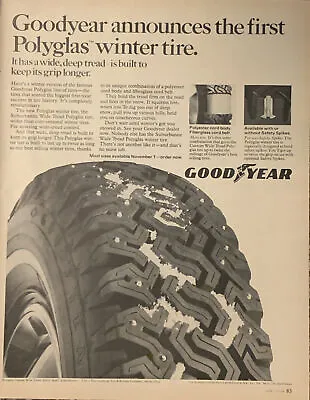 PRINT AD 1968 Goodyear Polyglas Winter Tire Wide Deep Tread Keeps Grip Longer • $19.85