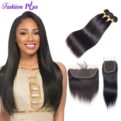 10A  Straight Human Hair Bundles With Closure And 13*4 Lace Frontal Virgin Hair • £70.06
