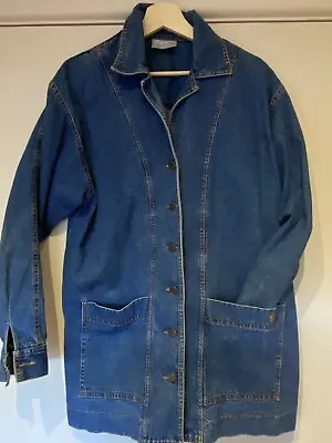 Rear Vintage Old School Maggie T  Denim Long Mid Length Trucker Jacket Size 14 • $25