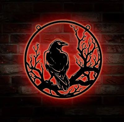 Raven Metal Wall Art Led Lights Crow Metal Wall Art Crow Moon Sign Home Decor • $65.99