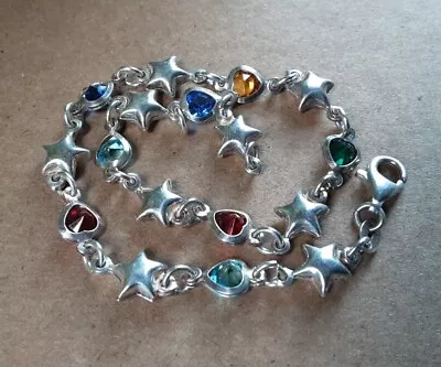 Vtg 925 Italy Sterling Silver Multicolor Crystal Stars Hearts Anklet 9 3/4  #4ny • $18