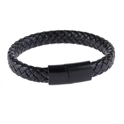 Leather Bracelets Mens Braided Handmade Wristband Clasp Genuine Black Unisex • £3.99