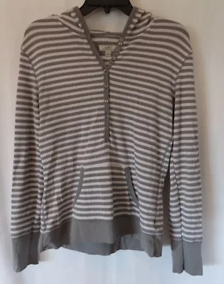 SO Junior Hoodie Shirt Top Long Sleeve 3/4 Button Front Gray Wht Stripe XL #6869 • $4.99