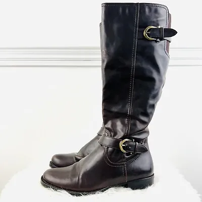 Bass Farah Dark Brown Faux Leather Side Zip Knee High Wide Calf Riding Boots 6M • $30